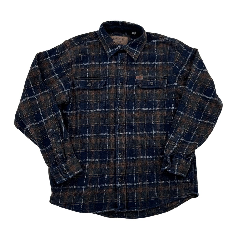 Orvis Flannel Shirt Mens M Blue Brown Excellent Plaid Cotton Long Sleeve Button
